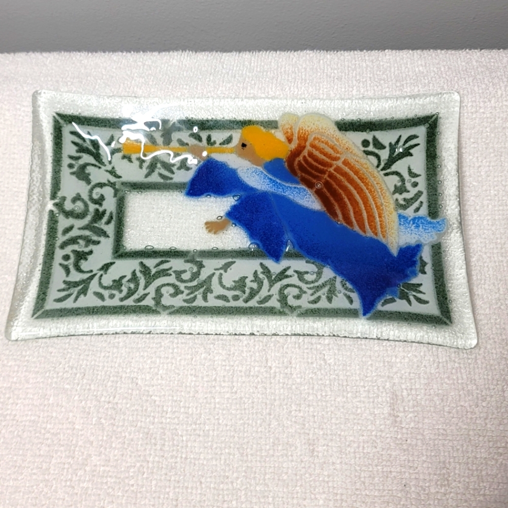 Vintage Christmas Heralding Angel Signed Peggy Karr Fused Glass Tray